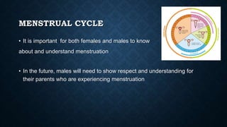 MENSTRUAL CYCLE
• It is important for both females and males to know
about and understand menstruation
• In the future, males will need to show respect and understanding for
their parents who are experiencing menstruation
 