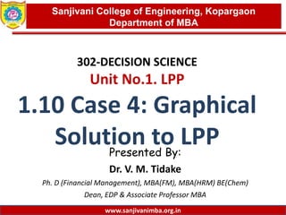www.sanjivanimba.org.in
302-DECISION SCIENCE
Unit No.1. LPP
1.10 Case 4: Graphical
Solution to LPPPresented By:
Dr. V. M. Tidake
Ph. D (Financial Management), MBA(FM), MBA(HRM) BE(Chem)
Dean, EDP & Associate Professor MBA
1
Sanjivani College of Engineering, Kopargaon
Department of MBA
www.sanjivanimba.org.in
 