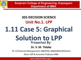www.sanjivanimba.org.in
302-DECISION SCIENCE
Unit No.1. LPP
1.11 Case 5: Graphical
Solution to LPPPresented By:
Dr. V. M. Tidake
Ph. D (Financial Management), MBA(FM), MBA(HRM) BE(Chem)
Dean, EDP & Associate Professor MBA
1
Sanjivani College of Engineering, Kopargaon
Department of MBA
www.sanjivanimba.org.in
 