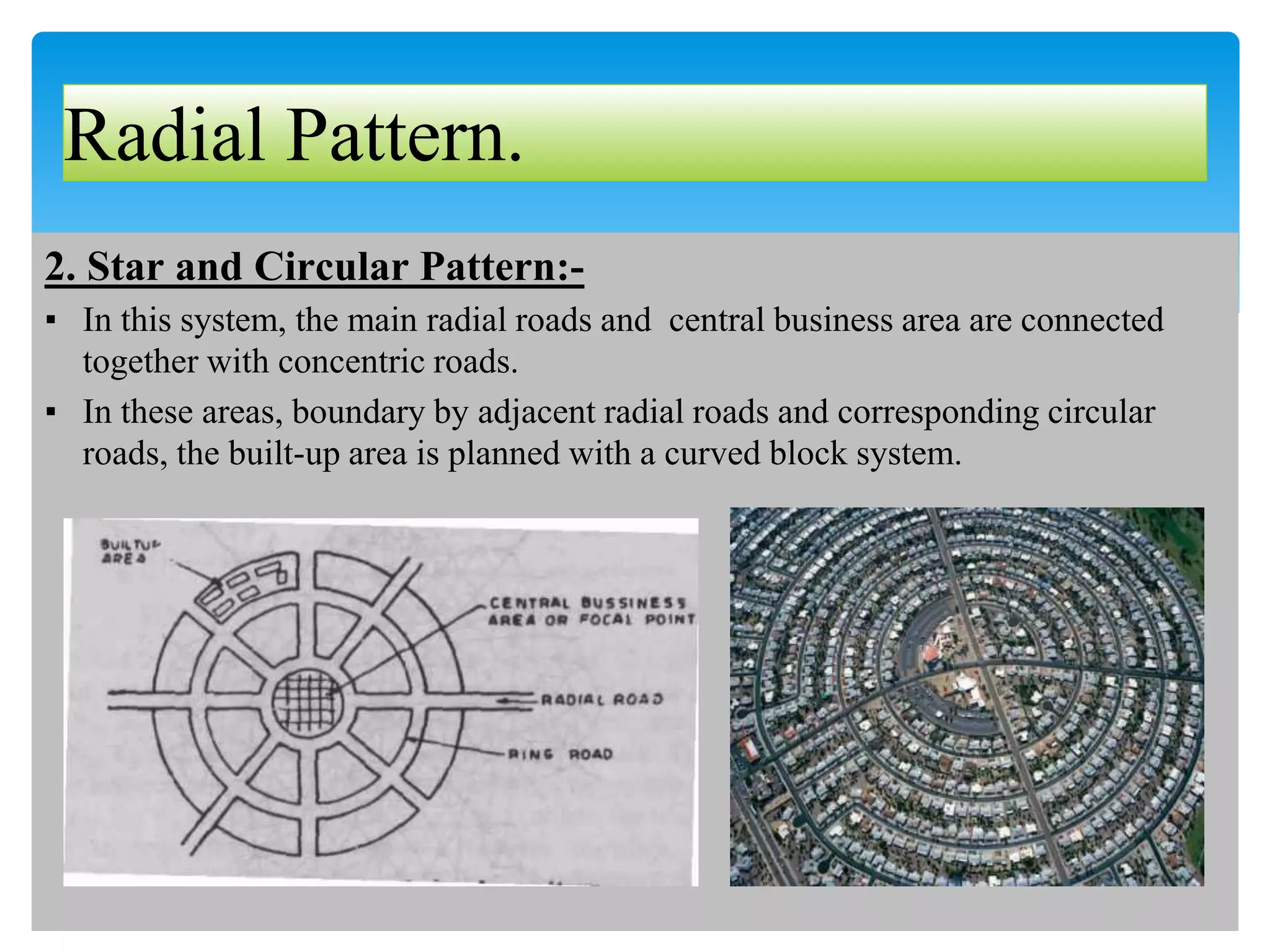 Radial Pattern.
2. Star and Circular Pattern:-
▪ In this system, the main radial roads and central business area are connected
together with concentric roads.
▪ In these areas, boundary by adjacent radial roads and corresponding circular
roads, the built-up area is planned with a curved block system.
 