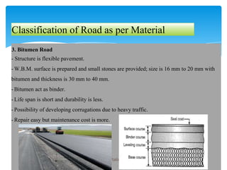 Classification of Road as per Material
3. Bitumen Road
- Structure is flexible pavement.
- W.B.M. surface is prepared and small stones are provided; size is 16 mm to 20 mm with
bitumen and thickness is 30 mm to 40 mm.
- Bitumen act as binder.
- Life span is short and durability is less.
- Possibility of developing corrugations due to heavy traffic.
- Repair easy but maintenance cost is more.
Introduction to Transportation Engineering
 