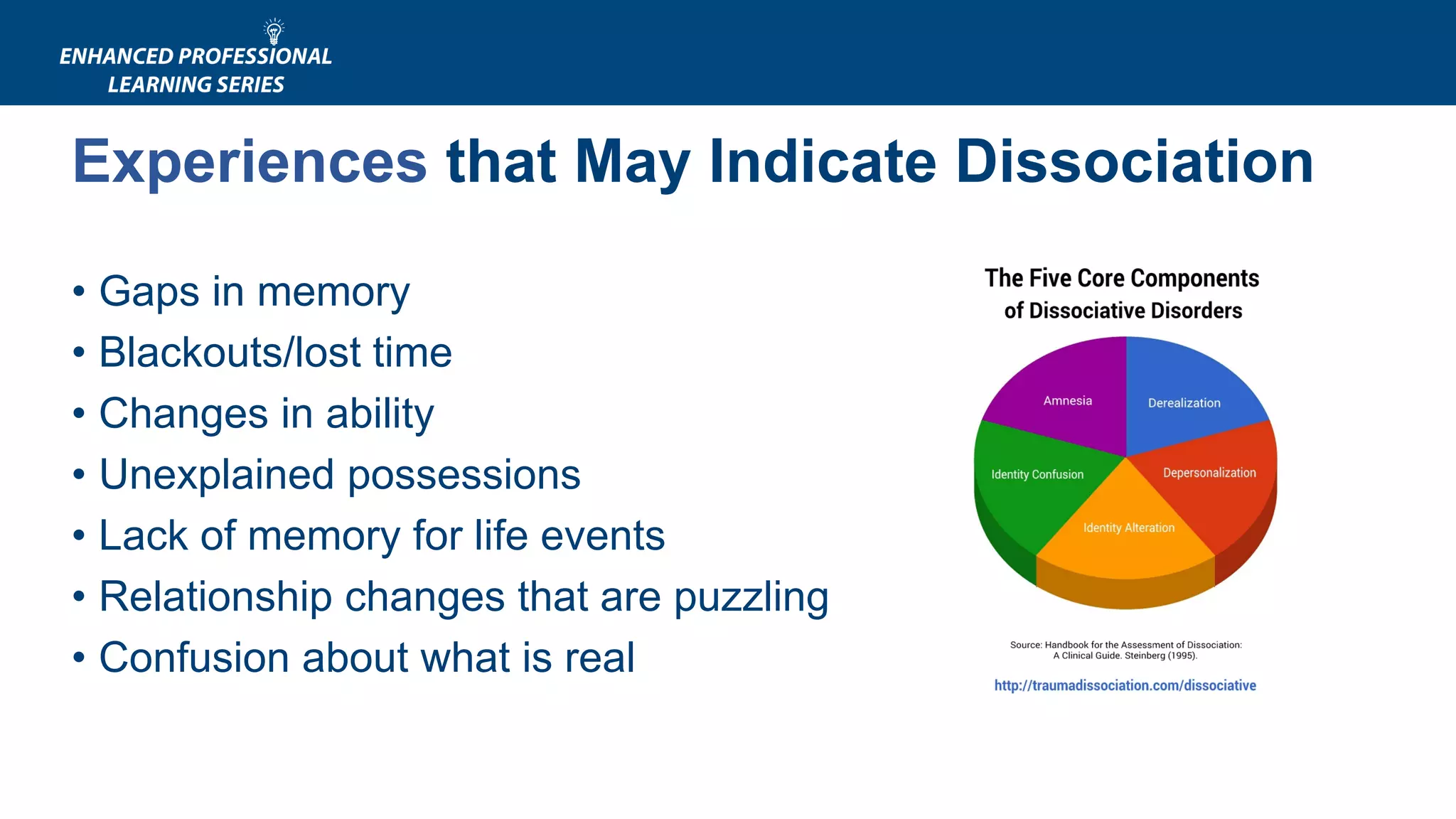 Experiences that May Indicate Dissociation
• Gaps in memory
• Blackouts/lost time
• Changes in ability
• Unexplained possessions
• Lack of memory for life events
• Relationship changes that are puzzling
• Confusion about what is real
 
