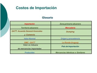 Costos de Importación
Glosario
Importación Zona primaria aduanera
Territorio aduanero Mercadería
GATT: Acuerdo General Aranceles
y Comercio
Dumping
Valor Normal Origen y procedencia
OMC - GATT La Ronda Uruguay
Valor en Aduana
de mercancías importadas
País de Importación
Producidas Mercancías Idénticas o Similares
 
