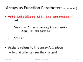 Arrays in C CS-2301, B-Term 2009 72
Arrays as Function Parameters (continued)
• void init(float A[], int arraySize){
int n;
for(n = 0; n < arraySize; n++)
A[n] = (float)n;
} //init
• Assigns values to the array A in place
– So that caller can see the changes!
 