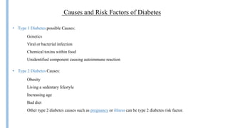 Causes and Risk Factors of Diabetes
Insulin
• Type 1 Diabetes possible Causes:
Genetics
Viral or bacterial infection
Chemical toxins within food
Unidentified component causing autoimmune reaction
• Type 2 Diabetes Causes:
Obesity
Living a sedentary lifestyle
Increasing age
Bad diet
Other type 2 diabetes causes such as pregnancy or illness can be type 2 diabetes risk factor.
 