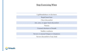 Stop Exercising When
Lightheadedness or dizziness
Rapid heart beat
Chest discomfort
Jaw, arm, or upper back discomfort
Nausea
Unusual shortness of breath
Sudden weakness
Severe or unusual fatigue or sleepiness
Severe discomfort of any kind
 