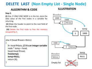 ALGORITHM & CODE
Step 2:
(i) Else, IF ONLY ONE NODE is in the list, store the
data value of the first nodes in a variable for
returning.
(ii) Make the header to point to the next field of
the first node.
(iii) Delete the first node to free the memory
occupied by it.
ILLUSTRATION
DELETE LAST (Non Empty List - Single Node)
else if (headnext==NULL)
{
X= headdata; // X is an integer variable
node * temp = head;
head=headnext;
free(temp);
temp=NULL;
return (X);
} Empty list
5
X
temp
1000
NULL
temp
 