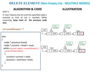 ALGORITHM & CODE
STEP 3:
iii. Else Traverse the list until the specified node is
reached or End of List is reached. While
traversing, keep track of the previous node
also.
Let searchElement = 7
ILLUSTRATION
else
{
node * previous=head;
node * current = head-> next;
while (current->data! = searchElement ||
currentnext!=NULL)
{
current= current-> next;
previous = previous->next;
}
}
DELETE ELEMENT (Non Empty List - MULTIPLE NODES)
NULL
NULL
 