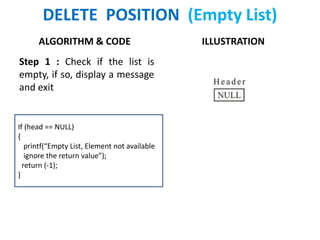 ALGORITHM & CODE
Step 1 : Check if the list is
empty, if so, display a message
and exit
ILLUSTRATION
DELETE POSITION (Empty List)
If (head == NULL)
{
printf(“Empty List, Element not available
ignore the return value”);
return (-1);
}
 