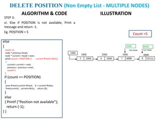 STEP 3:
vi. Else if POSITION is not available, Print a
message and return -1.
Eg. POSITION = 5
ILLUSTRATION
else
{
count =2,
node * previous=head;
node * current = head-> next;
while (count < POSITION || currentnext!=NULL)
{
current= current-> next;
previous = previous->next;
count++;
}
if (count == POSITION)
{
prevnext=currentnext; X = currentdata;
free(current); current=NULL; return (X);
}
else
{ Printf (“Position not available”);
return (-1);
} }
DELETE POSITION (Non Empty List - MULTIPLE NODES)
ALGORITHM & CODE
Count =5
 