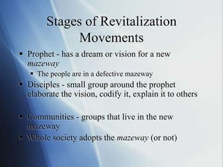 Stages of Revitalization
Movements
 Prophet - has a dream or vision for a new
mazeway
 The people are in a defective maz...