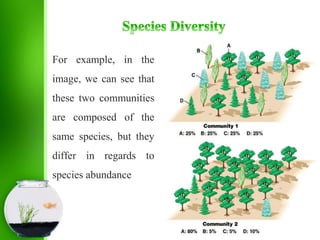For example, in the
image, we can see that
these two communities
are composed of the
same species, but they
differ in regards to
species abundance
 