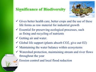  Gives better health care, better crops and the use of these
life forms as raw material for industrial growth
 Essential for preserving ecological processes, such
as fixing and recycling of nutrients
 Getting air and water.
 Global life support (plants absorb CO2, give out O2)
 Maintaining the water balance within ecosystems
 Watershed protection, maintaining stream and river flows
throughout the year
 Erosion control and local flood reduction
•
 