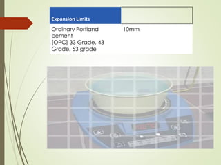Expansion Limits
Ordinary Portland
cement
[OPC] 33 Grade, 43
Grade, 53 grade
10mm
 