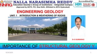ENGINEERING GEOLOGY
UNIT: 1 INTRODUCTION & WEATHERING OF ROCKS
IMPORTANCE OF STRUCTURAL GEOLOGY Y
Dr G SUBBARAO
8/29/2020 1
 