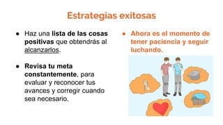 Estrategias exitosas
● Haz una lista de las cosas
positivas que obtendrás al
alcanzarlos.
● Revisa tu meta
constantemente, para
evaluar y reconocer tus
avances y corregir cuando
sea necesario.
● Ahora es el momento de
tener paciencia y seguir
luchando.
 