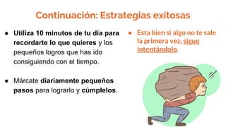 Continuación: Estrategias exitosas
● Utiliza 10 minutos de tu día para
recordarte lo que quieres y los
pequeños logros que has ido
consiguiendo con el tiempo.
● Márcate diariamente pequeños
pasos para lograrlo y cúmplelos.
● Esta bien si algo no te sale
la primera vez, sigue
intentándolo.
 