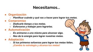 Necesitamos...
● Organización
○ Planificar cuándo y qué vas a hacer para lograr tus metas.
● Compromiso
○ Dedicarle tiempo a tus metas.
○ Esforzarse y trabajar para lograrlas.
● Automotivación
○ Es animarse a uno mismo para alcanzar algo.
○ Nos da la energía para lograr nuestras metas.
● Adaptación
○ Si tus primeros esfuerzos para lograr tus metas fallan,
¡Cambia tu estrategia y alcanza tus metas!
 