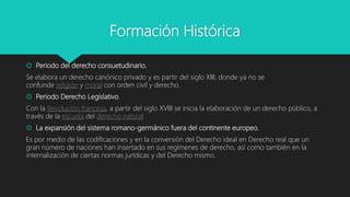 Formación Histórica
 Periodo del derecho consuetudinario.
Se elabora un derecho canónico privado y es partir del siglo XIII, donde ya no se
confunde religión y moral con orden civil y derecho.
 Periodo Derecho Legislativo.
Con la Revolución francesa, a partir del siglo XVIII se inicia la elaboración de un derecho público, a
través de la escuela del derecho natural
 La expansión del sistema romano-germánico fuera del continente europeo.
Es por medio de las codificaciones y en la conversión del Derecho ideal en Derecho real que un
gran número de naciones han insertado en sus regímenes de derecho, así como también en la
internalización de ciertas normas jurídicas y del Derecho mismo.
 