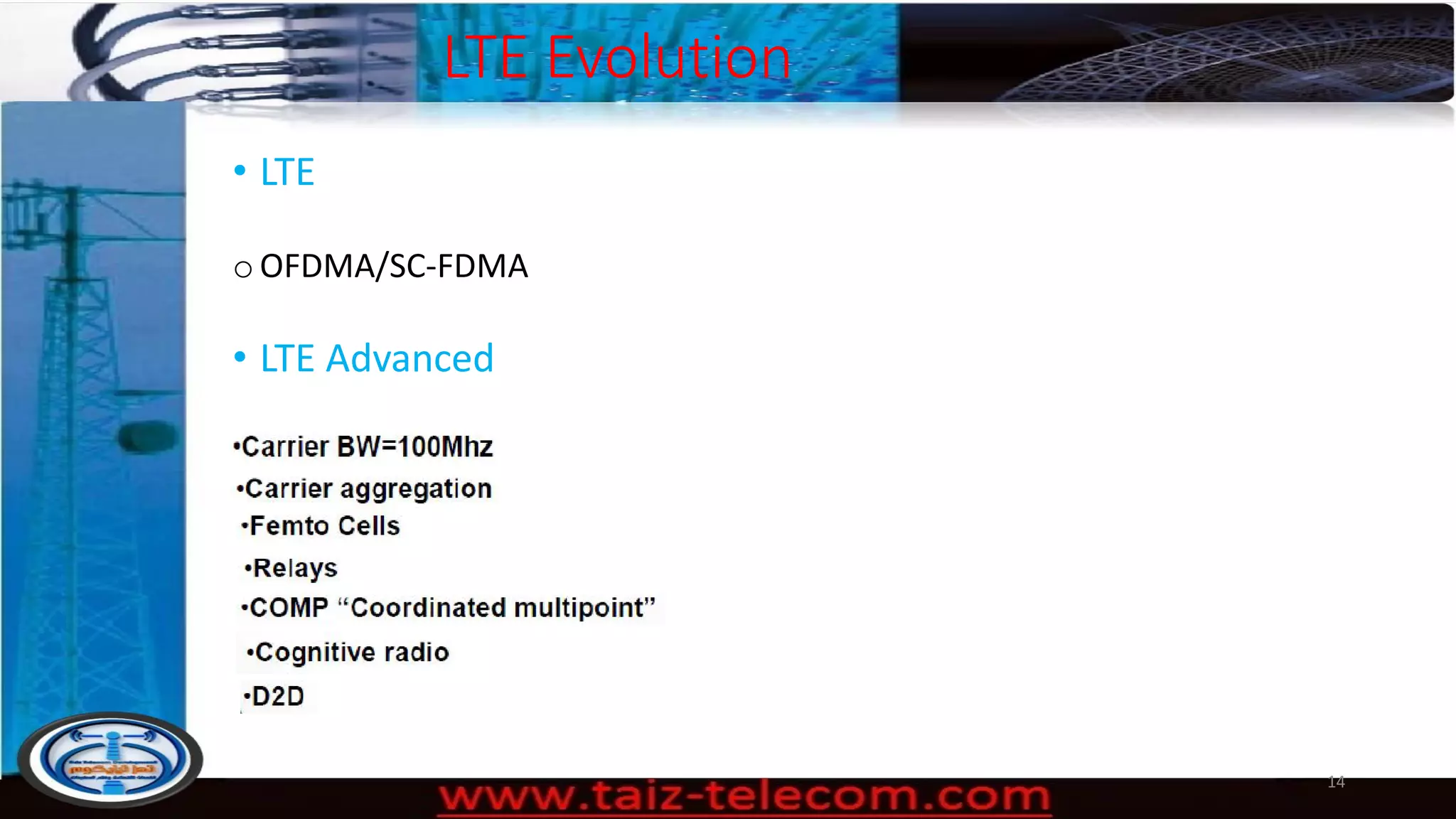 LTE Evolution
• LTE
oOFDMA/SC-FDMA
• LTE Advanced
14
 