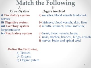 Match the Following
i) Circulatory system a) muscles, blood vessels tendons &
nerves
ii) Digestive system b) kidneys, blood vessels, skin, liver
iii) Excretory system c) mouth, stomach, small intestine,
large intestine
iv) Respiratory system d) heart, blood vessels, lungs,
e) nose, trachea, bronchi, lungs, alveoli
f) nerves, brain and spinal cord
A
Organ System
B
Organs involved
Define the Following
a) Tissues
b) Organs
c) Organ System
 