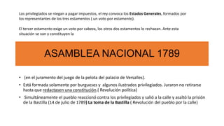• (en el juramento del juego de la pelota del palacio de Versalles).
• Está formada solamente por burgueses y algunos ilustrados privilegiados. Juraron no retirarse
hasta que redactasen una constitución.( Revolución política)
• Simultáneamente el pueblo reaccionó contra los privilegiados y salió a la calle y asaltó la prisión
de la Bastilla (14 de julio de 1789) La toma de la Bastilla ( Revolución del pueblo por la calle)
ASAMBLEA NACIONAL 1789
Los privilegiados se niegan a pagar impuestos, el rey convoca los Estados Generales, formados por
los representantes de los tres estamentos ( un voto por estamento).
El tercer estamento exige un voto por cabeza, los otros dos estamentos lo rechazan. Ante esta
situación se van y constituyen la
 