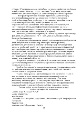 32
суб’єкт-суб’єктнихзасадах, що передбачає систематичне відстеження їхнього
індивідуального розвиткуу процесінавчання. За цих умов контрольно-
оцінювальна діяльність набуває для здобувачів формувального характеру.
Контроль спрямованийна пошук ефективних шляхів поступу
кожного здобувачау навчанні, а визначення особистихрезультатів
здобувачів не передбачає порівняння із досягненнямиінших і не підлягає
статистичномуобліку з боку адміністративних органів.
Упродовж навчання у початковій школі здобувачіосвіти опановують
способисамоконтролю, саморефлексії і самооцінювання, що сприяє
вихованню відповідальності, розвиткуінтересу, своєчасномувиявленню
прогалин у знаннях, уміннях, навичках та їх корекції.
Навчальні досягнення здобувачів у 1-2 класах підлягають вербальному,
формувальномуоцінюванню, у 3-4 – формувальному та підсумковому
(бальному) оцінюванню.
Формувальне оцінювання має на меті: підтримати навчальний розвиток
дітей; вибудовувати індивідуальну траекторію їхнього розвитку;
діагностувати досягнення на кожномуз етапів процесу навчання; вчасно
виявляти проблемий запобігати їх нашаруванню; аналізувати хід реалізації
навчальної програмий ухвалювати рішення щодо корегування програмиі
методів навчання відповідно до індивідуальних потреб дитини;мотивувати
прагнення здобутимаксимально можливі результати;виховувати ціннісні
якостіособистості, бажання навчатися, не боятися помилок, переконання у
власних можливостяхі здібностях.
Підсумкове оцінювання передбачає зіставлення навчальних досягнень
здобувачів з конкретними очікуваними результатами навчання, визначеними
освітньоюпрограмою.
Здобувачіпочаткової освітипроходять державнупідсумкову атестацію,
яка здійснюється лише з метою моніторингу якостіосвітньої діяльності
закладів освіти та (або) якості освіти.
З метою неперервного відстеження результатів початкової освіти, їх
прогнозування та коригування можуть проводитися моніторингові
дослідження навчальних досягнень на національному, обласному,
районному, шкільному рівнях, а також на рівні окремихкласів. Аналіз
результатів моніторингу дає можливість відстежувати стан реалізації цілей
початкової освітита вчасно приймати необхідні педагогічні рішення.
Перелік, зміст, тривалість і взаємозв’язок освітніх галузей,
логічна послідовність їх вивчення
Освітні галузі 1-3 класів НУШ:
Мовно-літературна
Математична
Громадянськата історична, природнича, соціальната здоров’язбережувальна
Мистецька
Технологічна
Інформатична (інформатика з 2 класу)
 