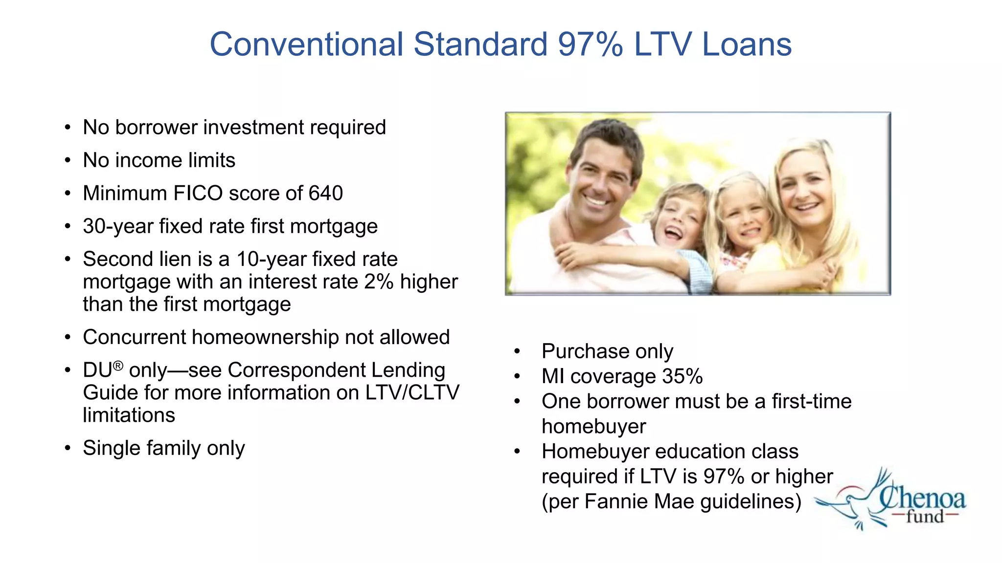 Conventional Standard 97% LTV Loans
• No borrower investment required
• No income limits
• Minimum FICO score of 640
• 30-year fixed rate first mortgage
• Second lien is a 10-year fixed rate
mortgage with an interest rate 2% higher
than the first mortgage
• Concurrent homeownership not allowed
• DU®️ only—see Correspondent Lending
Guide for more information on LTV/CLTV
limitations
• Single family only
• Purchase only
• MI coverage 35%
• One borrower must be a first-time
homebuyer
• Homebuyer education class
required if LTV is 97% or higher
(per Fannie Mae guidelines)
 