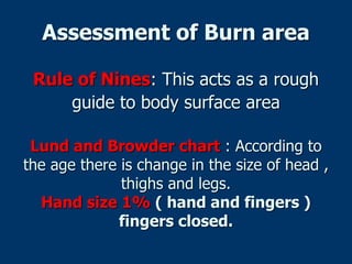 Assessment of Burn area
Rule of Nines: This acts as a rough
guide to body surface area
Lund and Browder chart : According to
the age there is change in the size of head ,
thighs and legs.
Hand size 1% ( hand and fingers )
fingers closed.
 