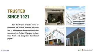 23 September 2020
More than 99 years in Trusted Service for
government and financial institution plus more
than 20 millions person Biometrics Identification
experiences from Thailand E-Passport, Foreigner
Work Permit and Immigration Auto-Channel
projects.
TRUSTED
SINCE 1921
 