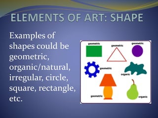 Examples of
shapes could be
geometric,
organic/natural,
irregular, circle,
square, rectangle,
etc.
 