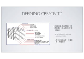 DEFINING CREATIVITY
• 創造⼒力是多元組成、聯
結新舊、綜合能⼒力的整
合論述。 	

–1967 Guilford's Structure
of Intellect Cube	

–思考的五種內容、六種產
物、四種操作
17
 