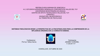 REPÚBLICA BOLIVARIANA DE VENEZUELA
A.C. ESTUDIOS SUPERIORES GENERALES CORPORATIVOS VALLES DEL TUY
UNIVERSIDAD BICENTENARIA DE ARAGUA
CENTRO DE APOYO TECNOLÓGICO VALLES DEL TUY
(CREATEC)
ASIGNATURA: NEUROCIENCIA II
4to TRIMESTRE DE PSICOLOGÍA
SISTEMAS FISIOLÓGICOS DESDE LA PERSPECTIVA DE LA PSICOFISIOLOGÍA PARA LA COMPRENSIÓN DE LA
INFLUENCIA ORGÁNICA EN LA CONDUCTA HUMANA.
Facilitador(a) Participante:
Prof (a): Yelitza Garcia JIENIRET CORONEL
V- 28.337.117
CHARALLAVE, OCTUBRE DE 2020
 