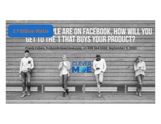 1.6 billion people are on Facebook, how will you
get to the 1 that buys your product?
Frank Cohen, fcohen@clevermoe.com, +1 408 364 5508, September 9, 2020
2.7 Billion MAUs
 