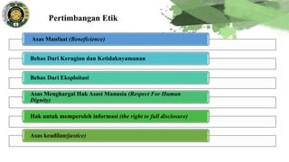 Pertimbangan Etik
Asas Manfaat (Beneficience)
Bebas Dari Kerugian dan Ketidaknyamanan
Bebas Dari Eksploitasi
Asas Menghargai Hak Asasi Manusia (Respect For Human
Dignity)
Hak untuk memperoleh informasi (the right to full disclosure)
Asas keadilan(justice)
 