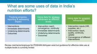 What are some uses of data in India’s
nutrition efforts?
Tracking progress,
reporting & assessing
impact
• Interventions
• Immediate determinants
• Underlying determinants
• Outcomes
Using data for strategy
refinement at different
levels
• Intervention reach,
convergence, continuity
• Immediate determinants
• Underlying determinants
• Outcomes
Using data for program
refinements
• Intervention inputs (HR,
supplies, etc.)
• Intervention reach,
quality, continuity,
uptake
• Convergence of different
interventions
Review mechanisms/groups for POSHAN Abhiyaan exist but guidance for effective data use at
multiple levels is currently limited
 