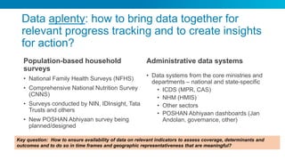 Population-based household
surveys
• National Family Health Surveys (NFHS)
• Comprehensive National Nutrition Survey
(CNNS)
• Surveys conducted by NIN, IDInsight, Tata
Trusts and others
• New POSHAN Abhiyaan survey being
planned/designed
Administrative data systems
• Data systems from the core ministries and
departments – national and state-specific
• ICDS (MPR, CAS)
• NHM (HMIS)
• Other sectors
• POSHAN Abhiyaan dashboards (Jan
Andolan, governance, other)
Data aplenty: how to bring data together for
relevant progress tracking and to create insights
for action?
Key question: How to ensure availability of data on relevant indicators to assess coverage, determinants and
outcomes and to do so in time frames and geographic representativeness that are meaningful?
 