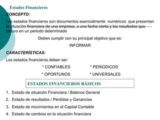 Estados Financieros
CONCEPTO:
Los estados financieros son documentos esencialmente numéricos que presentan
la situación financiera de una empresa, a una fecha cierta y los resultados que
obtuvo en un periodo determinado
Deben cumplir con su principal objetivo que es:
INFORMAR
CARACTERÍSTICAS:
Los estados financieros deben ser:
* CONFIABLES * PERIODICOS
* OPORTUNOS * UNIVERSALES
ESTADOS FINANCIEROS BÁSICOS
1.  Estado de situación Financiera / Balance General
2.  Estado de resultados / Pérdidas y Ganancias
3.  Estado de movimientos en el Capital Contable
4.  Estado de cambios en la situación financiera
 