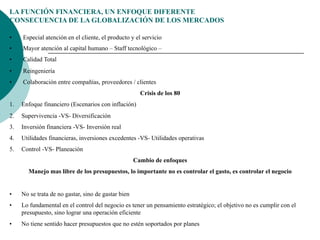 LA FUNCIÓN FINANCIERA, UN ENFOQUE DIFERENTE
CONSECUENCIA DE LA GLOBALIZACIÓN DE LOS MERCADOS
•  Especial atención en el cliente, el producto y el servicio
•  Mayor atención al capital humano – Staff tecnológico –
•  Calidad Total
•  Reingeniería
•  Colaboración entre compañías, proveedores / clientes
Crisis de los 80
1.  Enfoque financiero (Escenarios con inflación)
2.  Supervivencia -VS- Diversificación
3.  Inversión financiera -VS- Inversión real
4.  Utilidades financieras, inversiones excedentes -VS- Utilidades operativas
5.  Control -VS- Planeación
Cambio de enfoques
Manejo mas libre de los presupuestos, lo importante no es controlar el gasto, es controlar el negocio
•  No se trata de no gastar, sino de gastar bien
•  Lo fundamental en el control del negocio es tener un pensamiento estratégico; el objetivo no es cumplir con el
presupuesto, sino lograr una operación eficiente
•  No tiene sentido hacer presupuestos que no estén soportados por planes
 