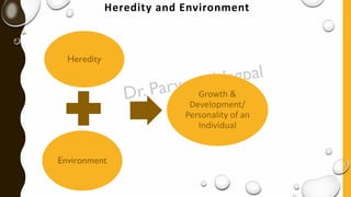 Heredity and Environment
Heredity
Environment
Growth &
Development/
Personality of an
Individual
 