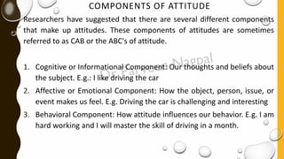 COMPONENTS OF ATTITUDE
Researchers have suggested that there are several different components
that make up attitudes. These components of attitudes are sometimes
referred to as CAB or the ABC's of attitude.
1. Cognitive or Informational Component: Our thoughts and beliefs about
the subject. E.g.: I like driving the car
2. Affective or Emotional Component: How the object, person, issue, or
event makes us feel. E.g. Driving the car is challenging and interesting
3. Behavioral Component: How attitude influences our behavior. E.g. I am
hard working and I will master the skill of driving in a month.
 