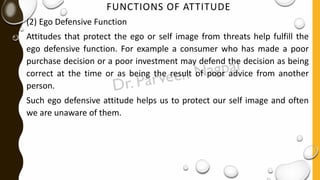 FUNCTIONS OF ATTITUDE
(2) Ego Defensive Function
Attitudes that protect the ego or self image from threats help fulfill the
ego defensive function. For example a consumer who has made a poor
purchase decision or a poor investment may defend the decision as being
correct at the time or as being the result of poor advice from another
person.
Such ego defensive attitude helps us to protect our self image and often
we are unaware of them.
 