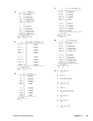 Instructor’s Resource Manual Section 1.1 65
24. x
sin( 3) 3
3
x x
x
− − −
−
4. 0.158529
3.1 0.00166583
3.01 0.0000166666
3.001 7
1.66667 10−
×
2. 0.158529
2.9 0.00166583
2.99 0.0000166666
2.999 7
1.66667 10−
×
3
– sin( – 3) – 3
lim 0
– 3x
x x
x→
=
25. x (1 sin( 3 / 2)) /( )x xπ π+ − −
1. + π 0.4597
0.1 + π 0.0500
0.01 + π 0.0050
0.001 + π 0.0005
–1. + π –0.4597
–0.1 + π –0.0500
–0.01 + π –0.0050
–0.001 + π –0.0005
( )3
2
1 sin
lim 0
x
x
x
π
→π
+ −
=
− π
26. t (1 cot ) /(1/ )t t−
1. 0.357907
0.1 –0.896664
0.01 –0.989967
0.001 –0.999
–1. –1.64209
–0.1 –1.09666
–0.01 –1.00997
–0.001 –1.001
10
1– cot
lim –1
t
t
t
→
=
27. x 2 2
( / 4) /(tan 1)x xπ− −
4
1. π
+ 0.0320244
4
0.1 π
+ 0.201002
4
0.01 π
+ 0.245009
4
0.001 π
+ 0.2495
4
1. π
− + 0.674117
4
0.1 π
− + 0.300668
4
0.01 π
− + 0.255008
4
0.001 π
− + 0.2505
( )
4
2
4
2
lim 0.25
(tan 1)x
x
xπ
π
→
−
=
−
28. u (2 2sin ) /3u u−
2
1. π
+ 0.11921
2
0.1 π
+ 0.00199339
2
0.01 π
+ 0.0000210862
2
0.001 π
+ 7
2.12072 10−
×
2
1. π
− + 0.536908
2
0.1 π
− + 0.00226446
2
0.01 π
− + 0.0000213564
2
0.001 π
− + 7
2.12342 10−
×
2
2 2sin
lim 0
3u
u
uπ→
−
=
29. a.
–3
lim ( ) 2
x
f x
→
=
b. f(–3) = 1
c. f(–1) does not exist.
d.
–1
5
lim ( )
2x
f x
→
=
e. f(1) = 2
f.
1
lim
x→
f(x) does not exist.
g.
–
1
lim ( ) 2
x
f x
→
=
h.
1
lim ( ) 1
x
f x
+
→
=
i. ( )
1
5
lim
2x
f x
+
→−
=
© 2007 Pearson Education, Inc., Upper Saddle River, NJ. All rights reserved. This material is protected under all copyright laws as they currently exist. No portion of this material may be reproduced, in any form
or by any means, without permission in writing from the publisher.
 
