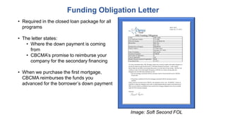 • Required in the closed loan package for all
programs
• The letter states:
• Where the down payment is coming
from
• CBCMA’s promise to reimburse your
company for the secondary financing
• When we purchase the first mortgage,
CBCMA reimburses the funds you
advanced for the borrower’s down payment
Funding Obligation Letter
600 N 100 E
Cedar City, UT 84721
Lender: ABC Lender
Loan Application Number: 151110001
FHA Case Number 123-230598230-704
Borrower(s): John Doe
Jane Doe
Purchase Price of Property: $200,000.00
Property Address: 123 Main Street
Anywhere, TN 34222
Form of Assistance: Soft Second
Amount of Assistance: $7,000.00
Interest Rate (If Applicable): 0
Term (If Applicable): 360
Monthly Payment Amount (If Applicable): $0.00
Commitment Date: 11/10/15
As of the commitment date, CBC Mortgage Agency has incurred a legally enforceable obligation to
provide the funds towards the Borrower(s)’ Minimum Required Investment. Lender should
deliver funds for the MRI to the closing entity prior to or at the time of loan closing. CBCMA will
reimburse Lender from funds legally belonging to CBCMA at or before closing under this
obligation once the following conditions are met:
• The first mortgage associated with this assistance must be closed and delivered to CBCMA
for purchase.
• All purchase conditions for the first mortgage associated with this assistance must be
satisfied.
If these items are not delivered to CBCMA, this obligation will be void. WARNING: Failure of
CBCMA to satisfy the obligation may result in a determination that the funds for the Borrower(s)’
MRI were provided by a prohibited source and the first mortgage obligation may not be insurable
under the FHA insurance program.
Sincerely,
MRI Funding Obligation
Image: Soft Second FOL
 