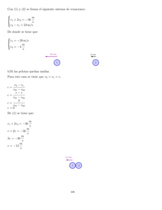 Con (1) y (2) se forma el siguiente sistema de ecuaciones:



v1 + 2v2 = −36
m
s
v2 − v1 = 24 m/s
De donde se tiene que:



v1 = −28 m/s
v2 = −4
m
s
b)Si las pelotas quedan unidas.
Para este caso se tiene que v2 = v1 = v.
=
v2 − v1
v01 − v02
=
v − v
v01 − v02
=
0
v01 − v02
= 0
De (1) se tiene que:
v1 + 2v2 = −36
m
s
v + 2v = −36
m
s
3v = −36
m
s
v = −12
m
s
106
 