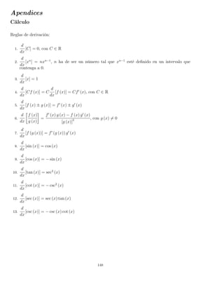 Apendices
Cálculo
Reglas de derivación:
1.
d
dx
[C] = 0, con C ∈ R
2.
d
dx
[xn
] = nxn−1
, n ha de ser un número tal que xn−1
esté deﬁnido en un intervalo que
contenga a 0.
3.
d
dx
[x] = 1
4.
d
dx
[Cf (x)] = C
d
dx
[f (x)] = Cf (x), con C ∈ R
5.
d
dx
[f (x) ± g (x)] = f (x) ± g (x)
6.
d
dx
f (x)
g (x)
=
f (x) g (x) − f (x) g (x)
[g (x)]2 , con g (x) = 0
7.
d
dx
[f (g (x))] = f (g (x)) g (x)
8.
d
dx
[sin (x)] = cos (x)
9.
d
dx
[cos (x)] = − sin (x)
10.
d
dx
[tan (x)] = sec2
(x)
11.
d
dx
[cot (x)] = − csc2
(x)
12.
d
dx
[sec (x)] = sec (x) tan (x)
13.
d
dx
[csc (x)] = − csc (x) cot (x)
148
 