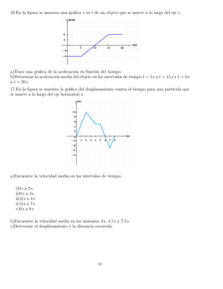 16.En la ﬁgura se muestra una gráﬁca v vs t de un objeto que se mueve a lo largo del eje x.
a)Trace una gráﬁca de la aceleración en función del tiempo.
b)Determine la aceleración media del objeto en los intervalos de tiempo t = 5 s a t = 15 s y t = 0 s
a t = 20 s.
17.En la ﬁgura se muestra la gráﬁca del desplazamiento contra el tiempo para una partícula que
se mueve a lo largo del eje horizontal x.
a)Encuentre la velocidad media en los intervalos de tiempo:
i)0 s a 2 s
ii)0 s a 4 s
iii)2 s a 4 s
iv)4 s a 7 s
v)0 s a 8 s
b)Encuentre la velocidad media en los instantes 3 s, 4.5 s y 7.5 s.
c)Determine el desplazamiento y la distancia recorrida.
18
 