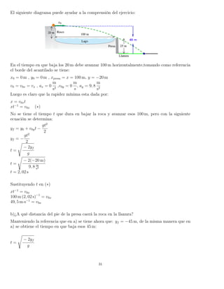 El siguiente diagrama puede ayudar a la comprensión del ejercicio:
En el tiempo en que baja los 20 m debe avanzar 100 m horizontalmente,tomando como referencia
el borde del acantilado se tiene:
x0 = 0 m , y0 = 0 m , xpresa = x = 100 m, y = −20 m
v0 = v0x = vx , ax = 0
m
s2
,v0y = 0
m
s
, ay = 9, 8
m
s2
Luego es claro que la rapidez mínima esta dada por:
x = v0xt
xt−1
= v0x (∗)
No se tiene el tiempo t que dura en bajar la roca y avanzar esos 100 m, pero con la siguiente
ecuación se determina:
yf = y0 + v0yt −
gt2
2
yf = −
gt2
2
t =
− 2yf
g
t =
− 2(−20 m)
9, 8 m
s2
t = 2, 02 s
Sustituyendo t en (∗)
xt−1
= v0x
100 m (2, 02 s)−1
= v0x
49, 5 m·s−1
= v0x
b)¿A qué distancia del pie de la presa caerá la roca en la llanura?
Manteniendo la referencia que en a) se tiene ahora que: yf = −45 m, de la misma manera que en
a) se obtiene el tiempo en que baja esos 45 m:
t =
− 2yf
g
31
 