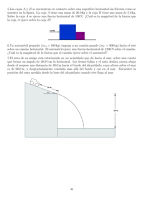 5.Las cajas A y B se encuentran en contacto sobre una superﬁcie horizontal sin fricción como se
muestra en la ﬁgura. La caja A tiene una masa de 20.0 kg y la caja B tiene una masa de 5.0 kg.
Sobre la caja A se ejerce una fuerza horizontal de 100 N. ¿Cuál es la magnitud de la fuerza que
la caja A ejerce sobre la caja B?
6.Un automóvil pequeño (mA = 380 kg) empuja a un camión grande (mC = 900 kg) hacia el este
sobre un camino horizontal. El automóvil ejerce una fuerza horizontal de 1200 N sobre el camión.
¿Cuál es la magnitud de la fuerza que el camión ejerce sobre el automóvil?
7.El auto de su amigo está estacionado en un acantilado que da hacia el mar, sobre una cuesta
que forma un ángulo de 20.0◦
con la horizontal. Los frenos fallan y el auto desliza cuesta abajo
desde el resposo una distancia de 30.0 m hacia el borde del alcantilado, cuya altura sobre el mar
es de 60.0 m, y desgraciadamente continúa más allá del borde y cae en el mar. Encuentre la
posición del auto medida desde la base del alcantilado cuando éste llega al mar.
36
 