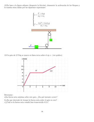 12.En base a la ﬁgura adjunta (desprecie la fricción), demuestre la aceleración de los bloques y
la tensión estan dadas por las siguientes expresiones:



a =
F − m2g
m2 + m1
T =
m2F + m2m1g
m1 + m2
13.Un gato de 2.75 kg se mueve en línea recta sobre el eje x. (ver gráﬁca).
Determine:
a)La fuerza neta máxima sobre este gato. ¿En qué instante ocurre?
b)¿En que intervalo de tiempo la fuerza neta sobre el gato es cero?
c)¿Cuál es la fuerza neta cuando han transcurrido 8.5 s?
39
 